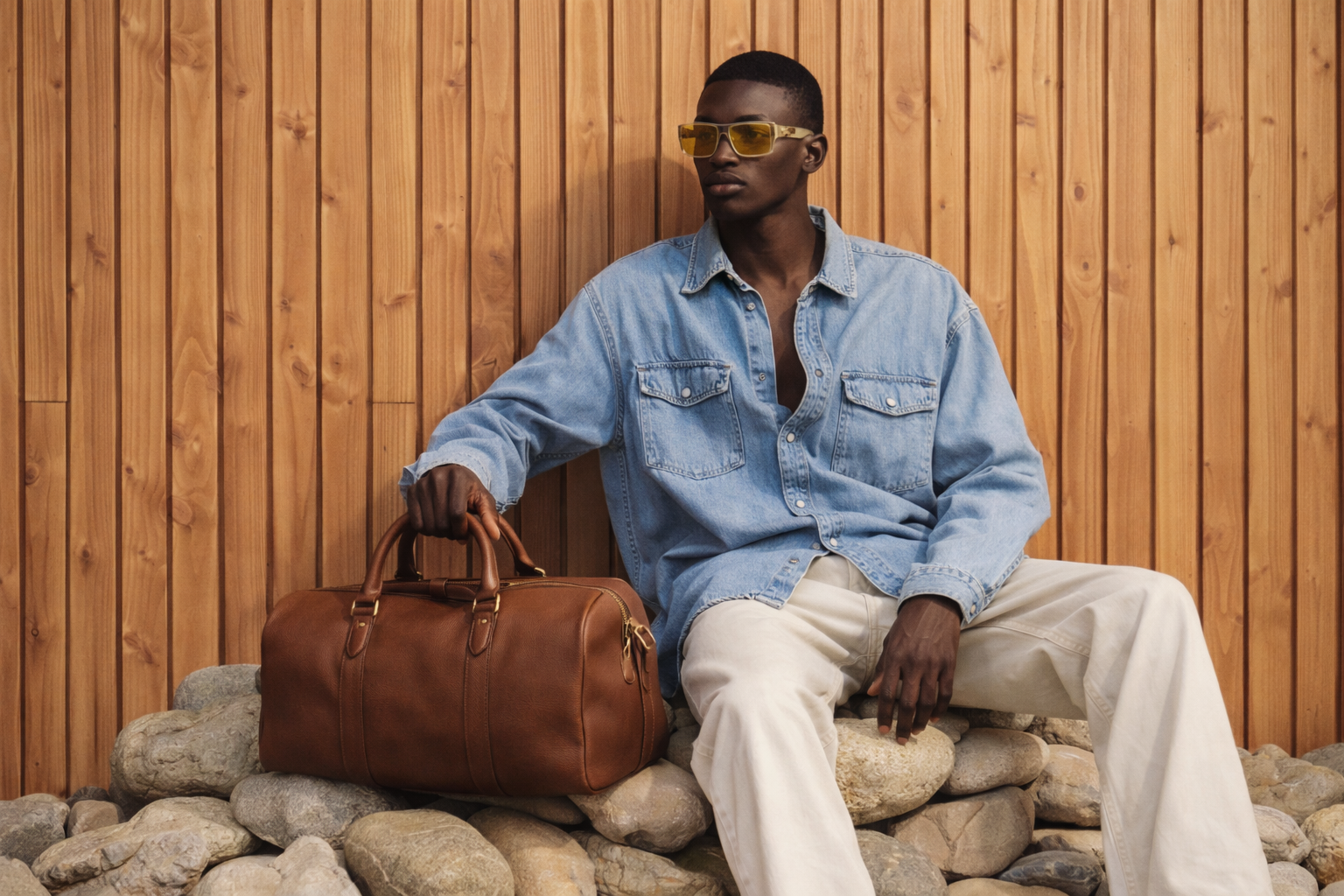 Homme portant des lunettes solaires devant un mur en bois — Collection Homme EYES CAMSI
